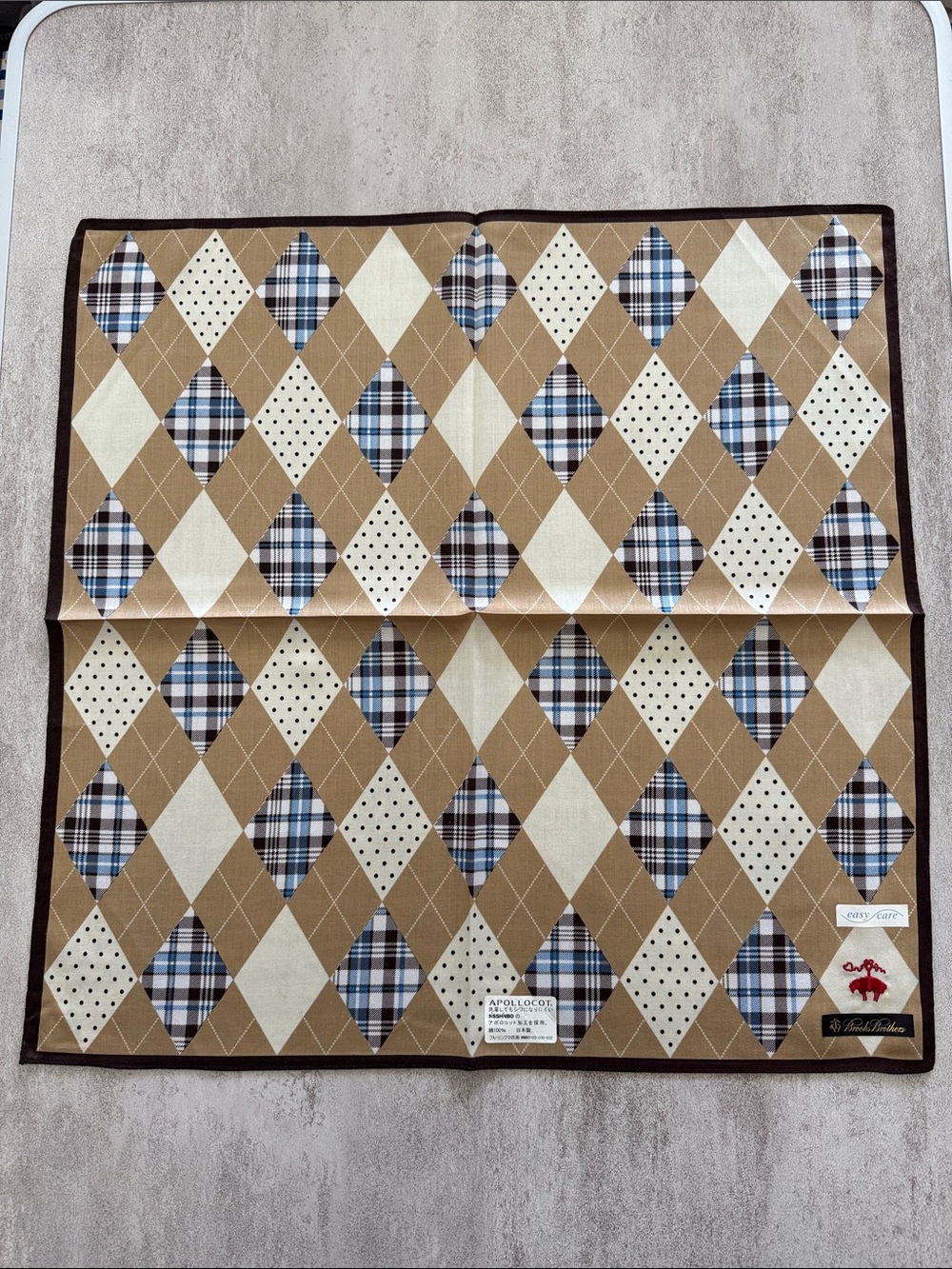 Brooks Brothers Tan Cream Blue Argyle Pocket Square